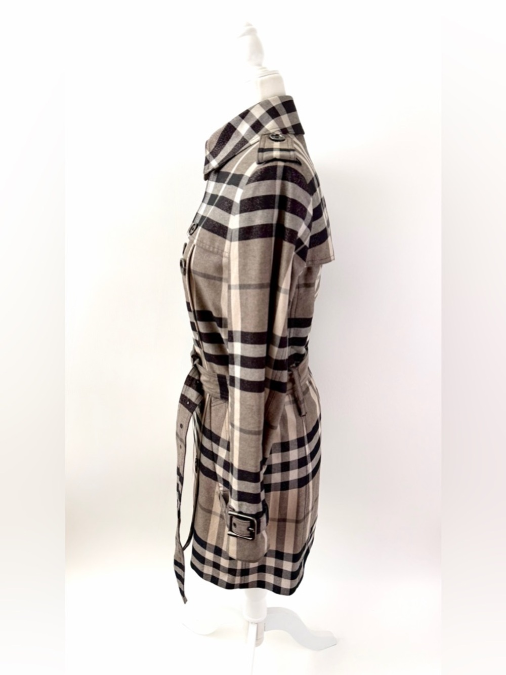 BURBERRY LONDON | Check Plaid Trench Coat Belt Double Breasted Metallic US 8 - Picture 10 of 15